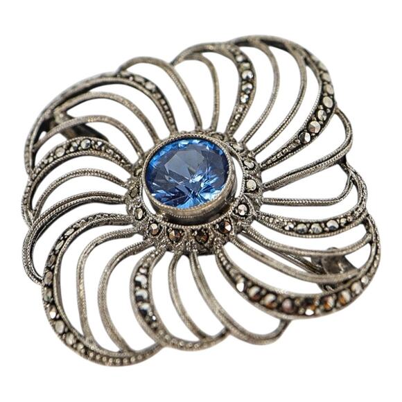 Vintage-Style Sterling Silver 925 Marcasite Flower Brooch - Blue Center, 1.5” - Picture 8 of 9